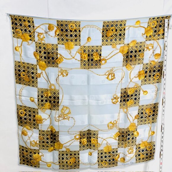 Christian Dior 100% Silk Scarf Chiffon &Satin 33"  Silver Black Gold Design(15 - Picture 9 of 10